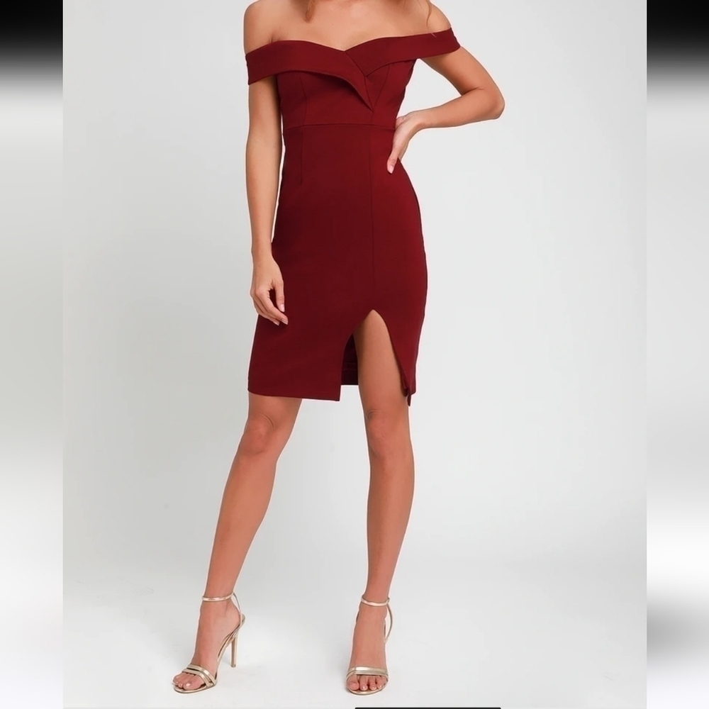 Lulus Classic Glam Burgundy Off-the-Shoulder Bodycon Dress, XS